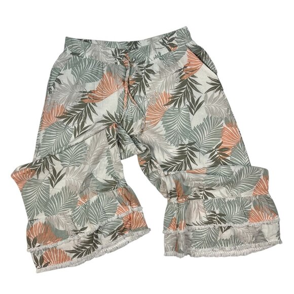 Cato Hi-Rise Cropped Linen Pants Size Large Wide Leg Capri Culotte Ruffle Hem - Picture 2 of 11